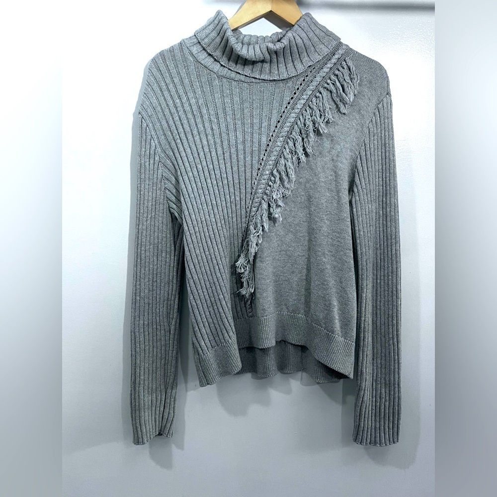 Gray Ribbed Sweater with Fringe Detail